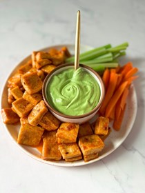 Crispy Buffalo tofu with cilantro-avocado ranch