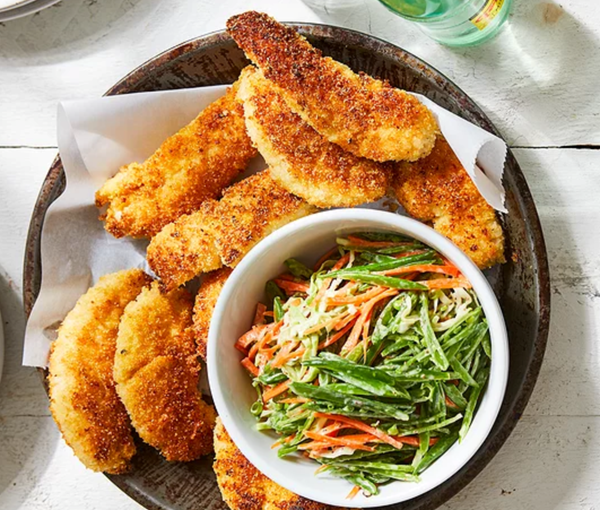 Crispy buttermilk chicken tenders with snap pea slaw