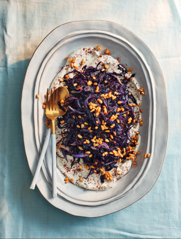 Crispy cabbage and onions with toasted pine nuts and za'atar and sumac