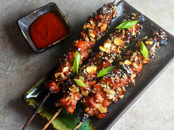 Crispy caramel chicken skewers