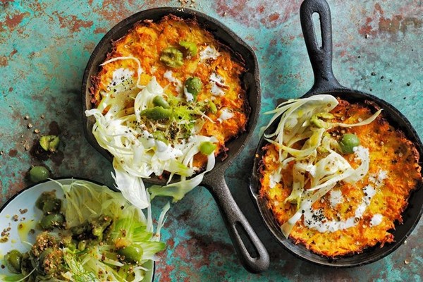 Crispy carrot, sweet potato & haloumi baked rosti