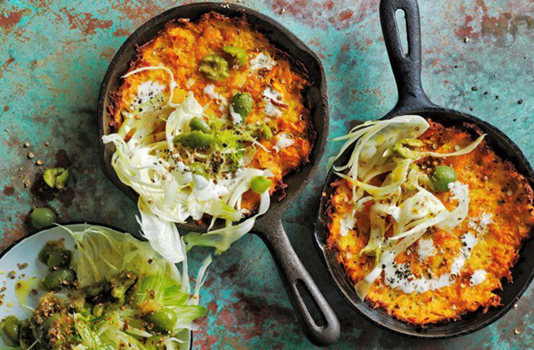 Crispy carrot, sweet potato and haloumi baked rosti