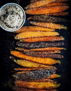 Crispy carrots with garlic + mint tahini