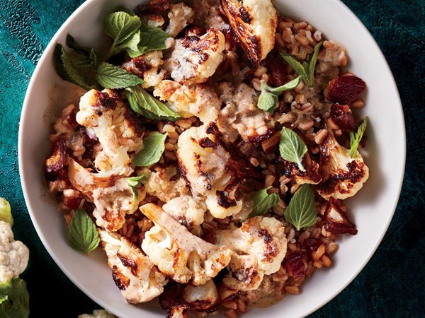 Crispy cauliflower with chili-tahini sauce and farro pilaf