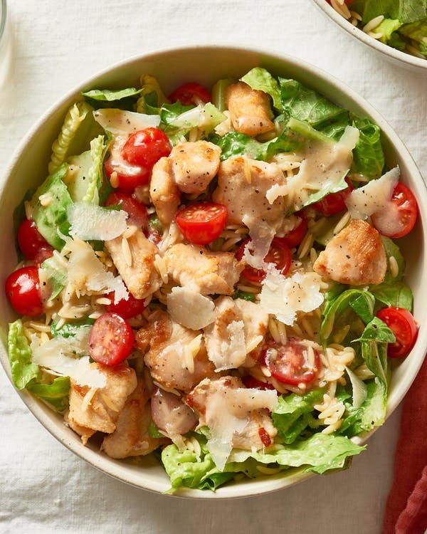 Crispy chicken Caesar orzo salad