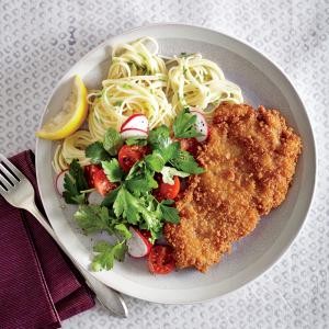 Crispy chicken cutlets with butter-chive pasta