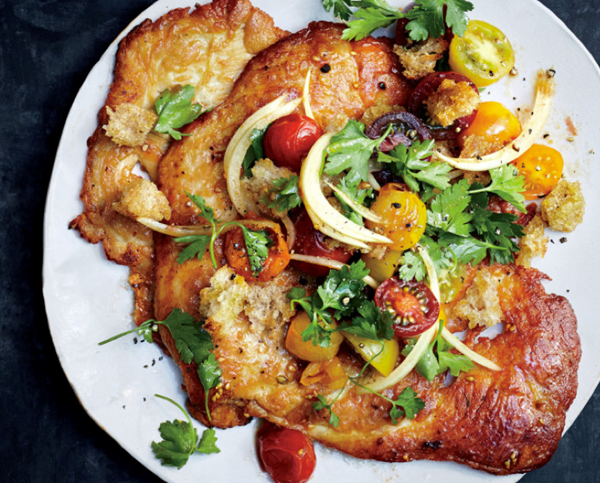 Crispy chicken cutlets with cherry tomato pazanella
