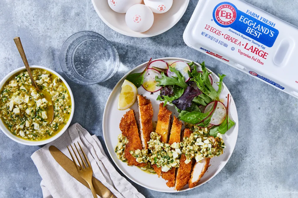 Crispy chicken cutlets with spicy olive gribiche