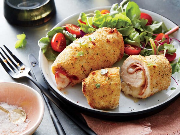 Crispy chicken, ham, and Swiss roll-ups