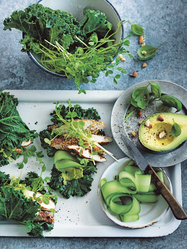 Crispy chicken kale wraps with cashew and avocado spread