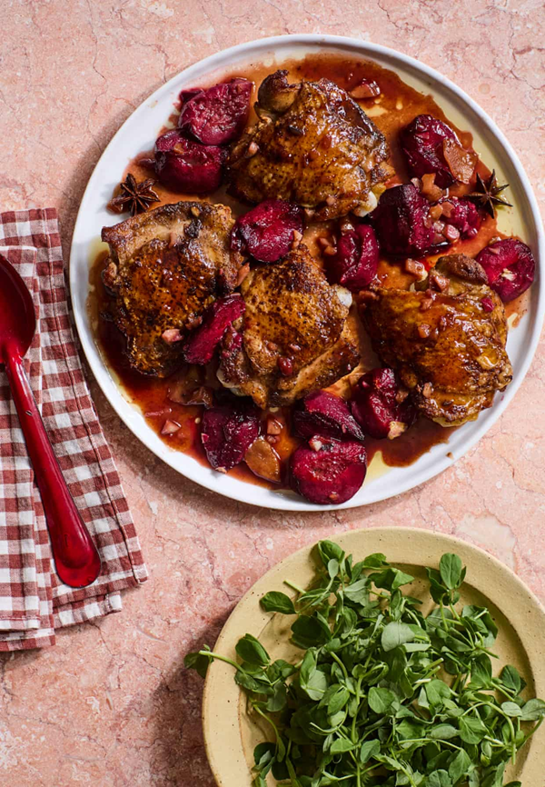 Crispy chicken, plums and star anise
