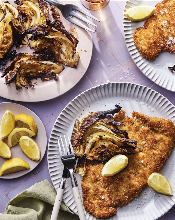 Crispy chicken schnitzel with caramelized cabbage