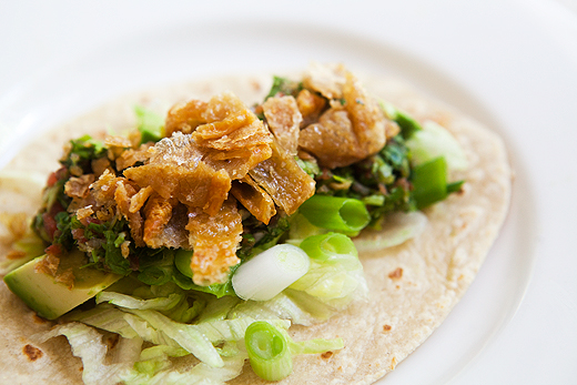 Crispy chicken skin tacos with habanero salsa