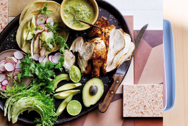 Crispy chicken tacos with tomatillo and jalapeno salsa