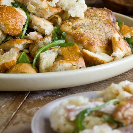 Crispy chicken thighs & warm bread salad