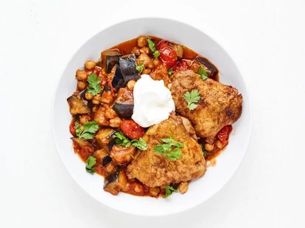 Crispy chicken thighs with eggplant-chickpea curry