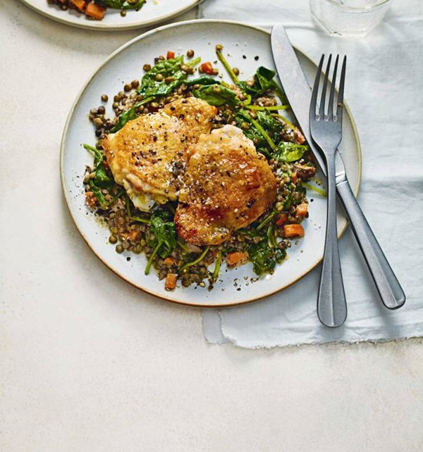 Crispy chicken thighs with mustardy lentils