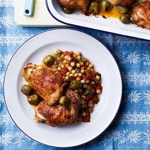 Crispy chicken thighs with olives and chickpeas