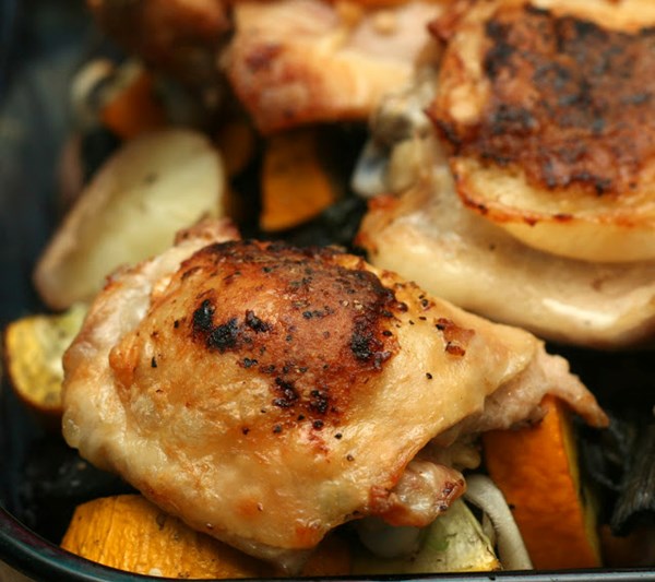 Crispy chicken thighs with portobellos, zucchini and potatoes