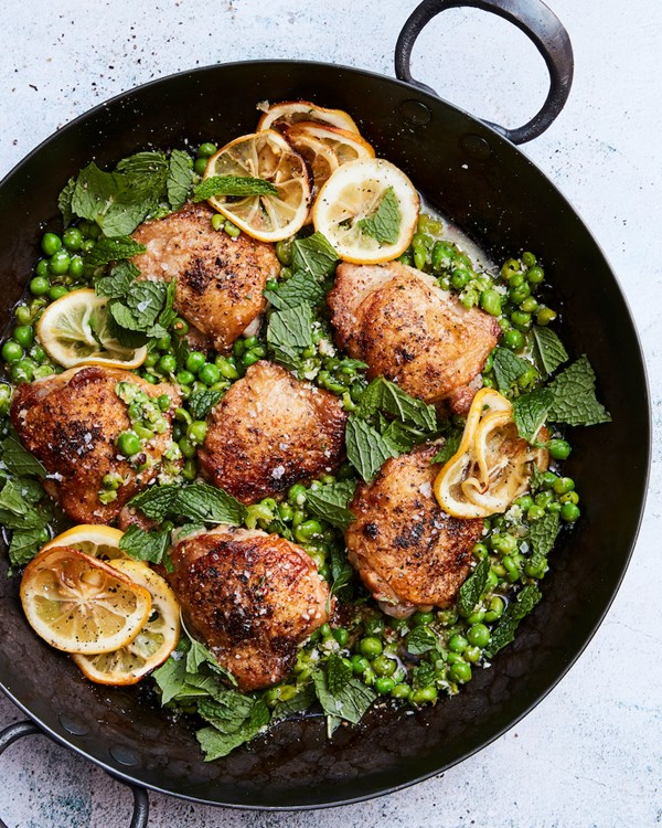 Crispy chicken thighs with smashed peas