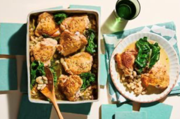 Crispy chicken with braised white beans and silverbeet