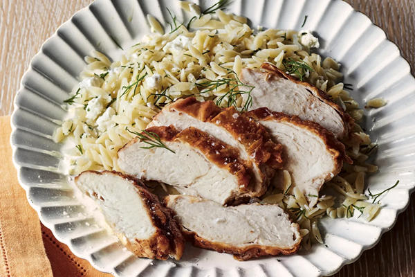 Crispy chicken with lemon orzo