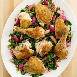 Crispy chicken with sautéed radishes, spinach, and bacon