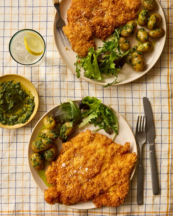 Crispy chicken with zhoug and Jersey royals
