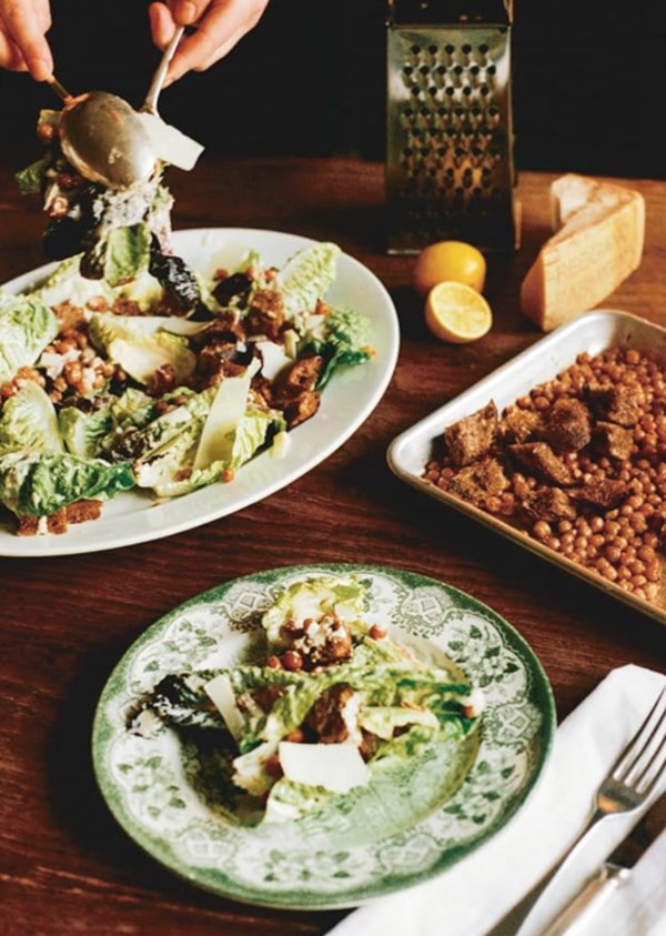 Crispy chickpea Caesar salad, fennel seed croutons & tahini dressing