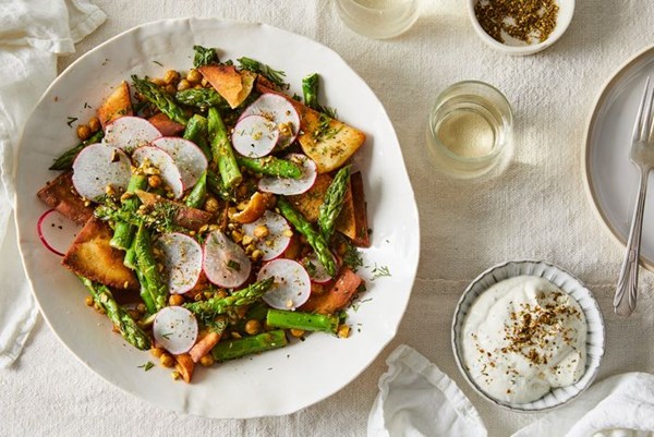 Crispy chickpea fattoush with asparagus and radishes 