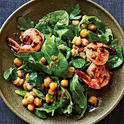Crispy chickpea salad with grilled prawns