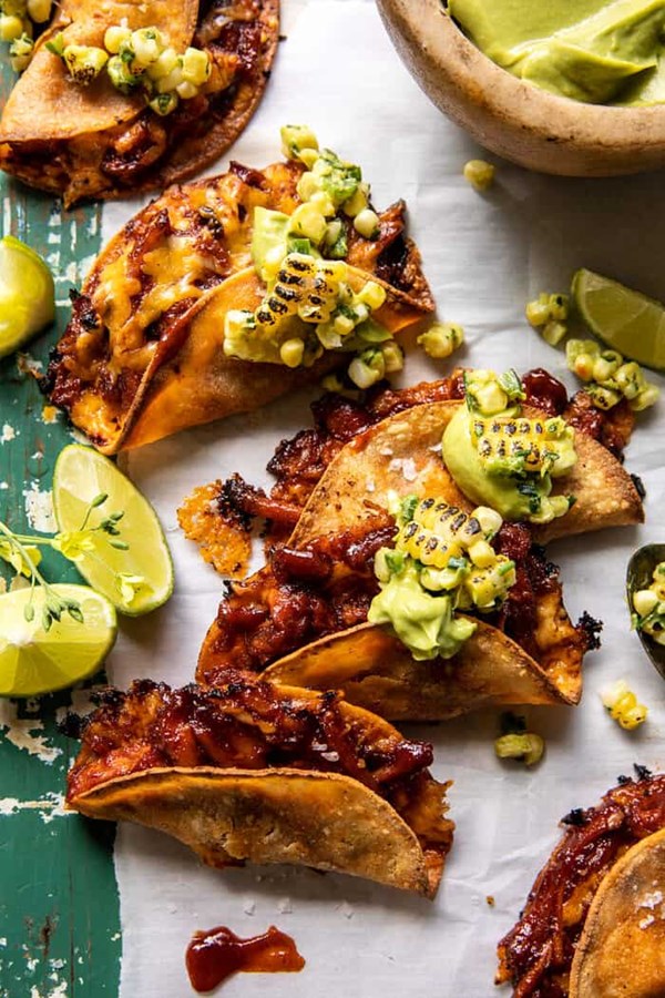 Crispy chipotle BBQ chicken tacos with creamy charred corn salsa