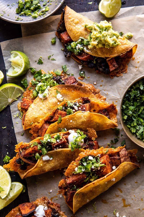Crispy chipotle sweet potato tacos with lime crema