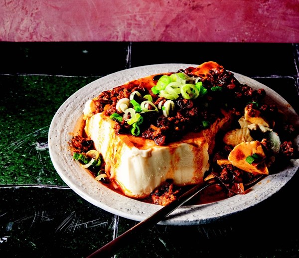 Crispy chorizo and tomato over silken tofu