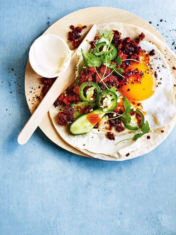 Crispy chorizo, egg and jalapeño tacos