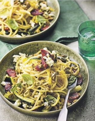 Crispy 'chorizo', olive & courgette bucatini with lemon & feta