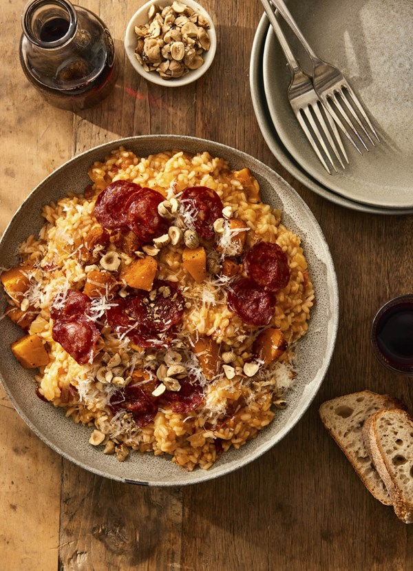 Crispy chorizo salami and roasted pumpkin risotto 