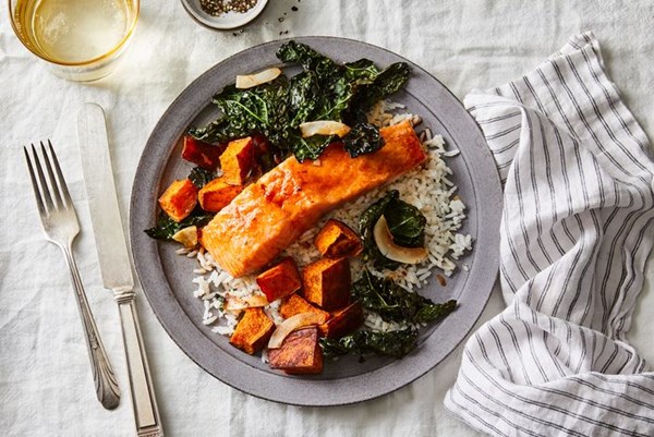 Crispy coconut kale with roasted salmon and coconut rice