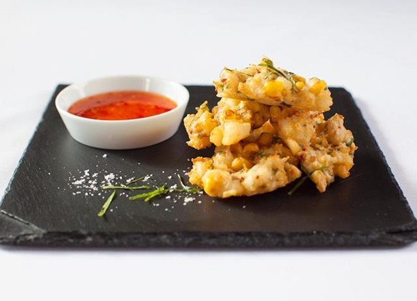 Crispy crab, sweetcorn and coriander fritters with sweet chilli sauce