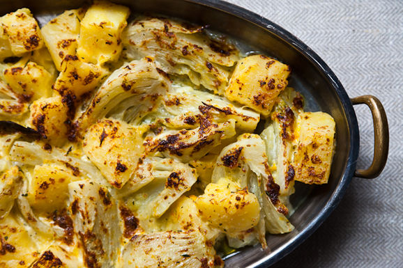 Crispy cream-braised potatoes and fennel