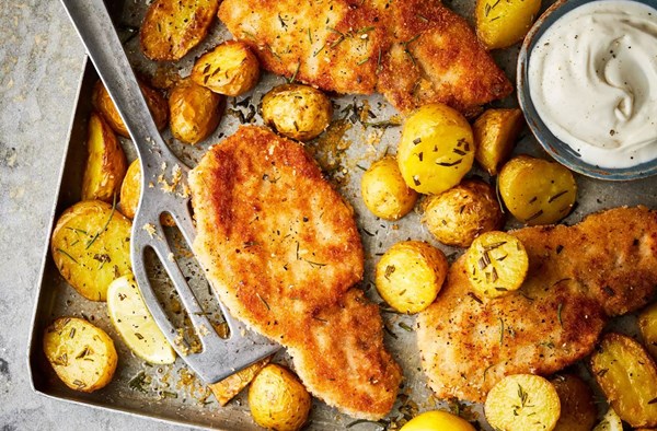 Crispy crumb pork steaks with rosemary potatoes