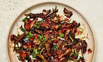 Crispy cumin lamb with aubergine and ginger