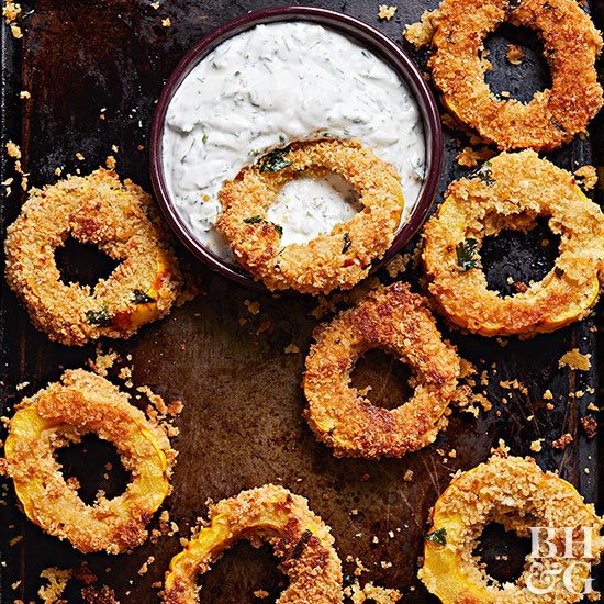 Crispy delicata rings with herbed buttermilk dip
