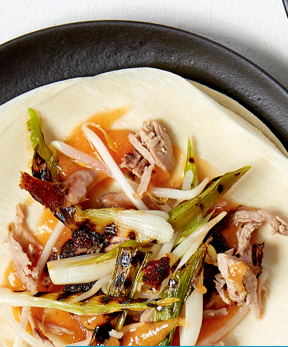 Crispy duck and peach pancakes