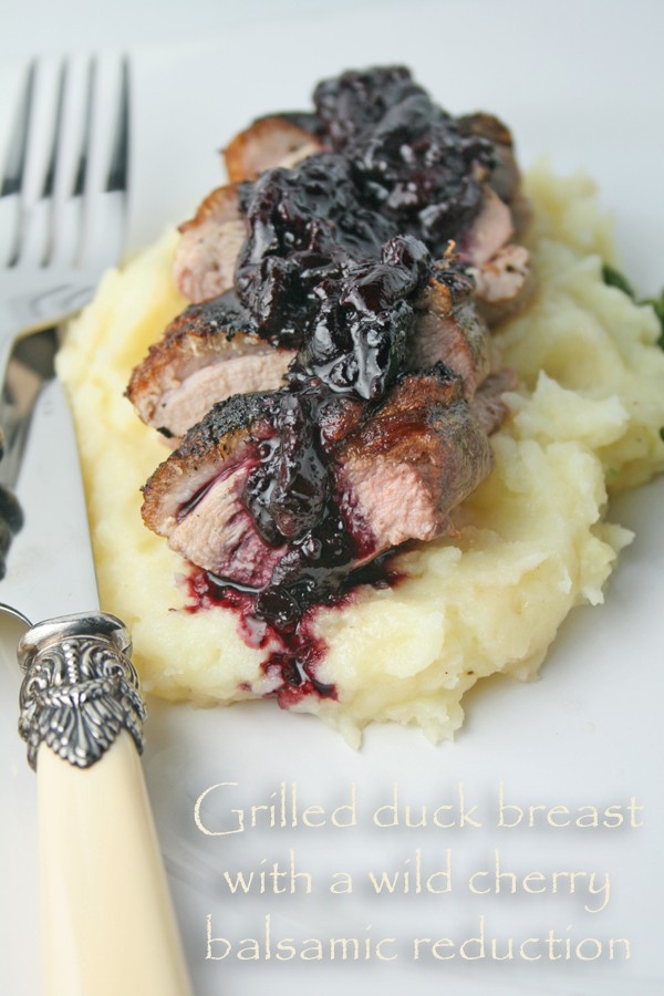 Crispy duck breasts with a wild cherry balsamic reduction