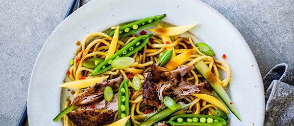 Crispy duck, cucumber and mango noodle salad with sesame and hoisin dressing