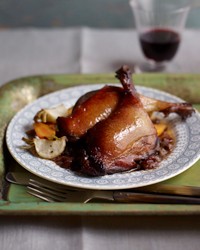 Crispy duck legs with toasted hazelnut and garlic sauce
