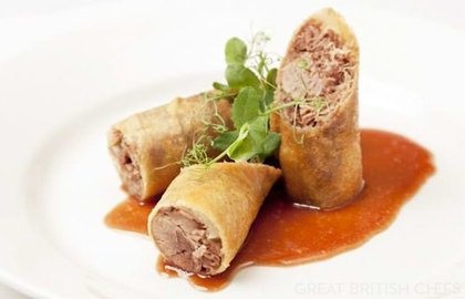 Crispy duck spring rolls with barbecue sauce