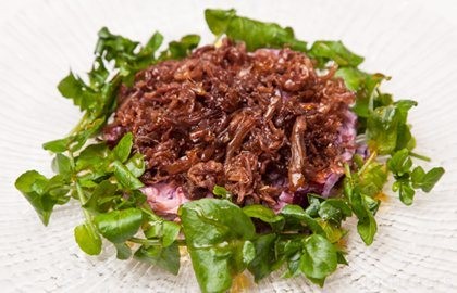 Crispy duck with red cabbage coleslaw and orange watercress salad