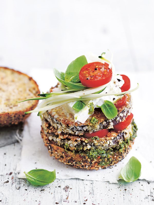 Crispy eggplant and pesto burger
